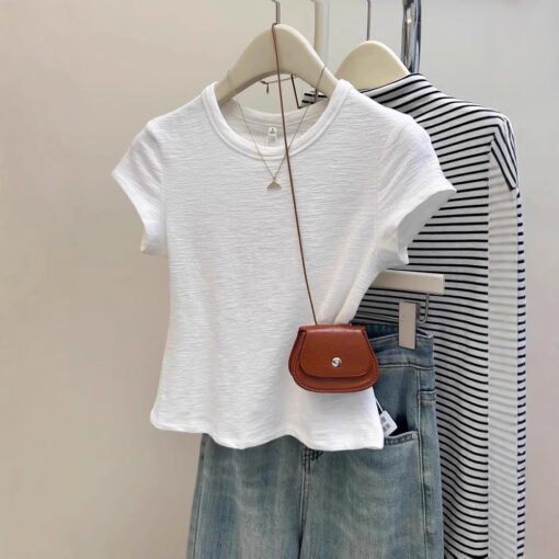 Vapetix S-XL  Texture pleated short-sleeve women's summer Korean-style slim fit top for layering or wearing alone - Pilt 7