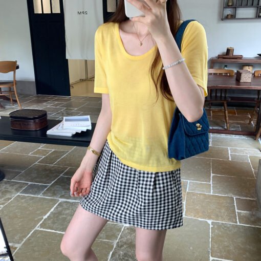 Vapetix S-L  Laycel Tencel Elegant Straight Shoulder U-Neck Short Sleeve T-Shirt for Women - 2025 Summer Basic S - Pilt 7