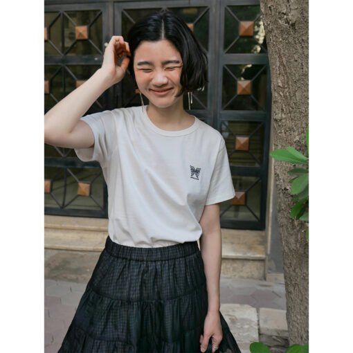 Vapetix Free Size-Free Size  Timeless Retro Adventure Butterfly Embroidery High-Thread Cotton T-Shirt Ribbed Crew Neck Loose Hoo - Pilt 8