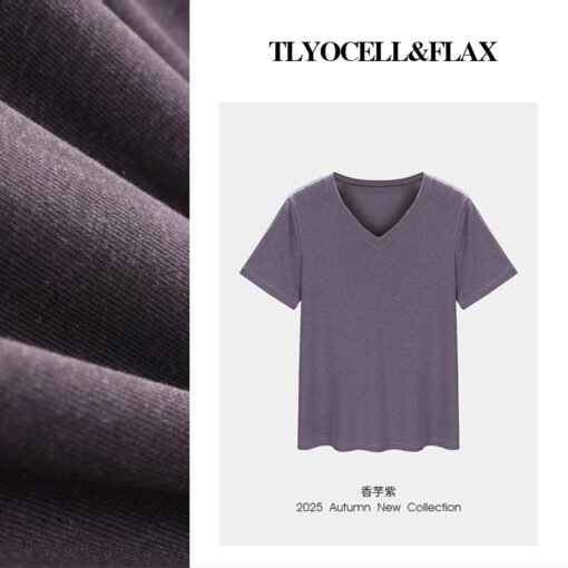 Vapetix M-XXXL  【V-neck T-shirt made of Tencel linen】Short-sleeve women's T-shirt, 25th summer, regular shoulder le - Pilt 8