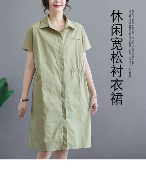 Vapetix L-2XL  New summer literary loose solid color lapel short-sleeved dress for women's mid-length shirt skirt - Pilt 8