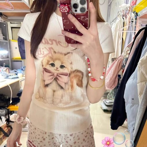 Vapetix S-XL  Butterfly Knot Cat Print Short-Sleeve T-Shirt for Women - Summer 2025 New Arrival Cute Personality – Bild 6