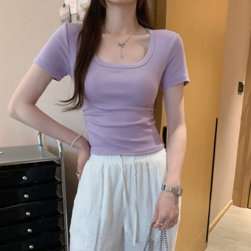 Vapetix S-XL  Basic Style Elegant Square Neckline Straight Shoulder Short Sleeve T-Shirt Women's Summer Ribbed So - Pilt 5