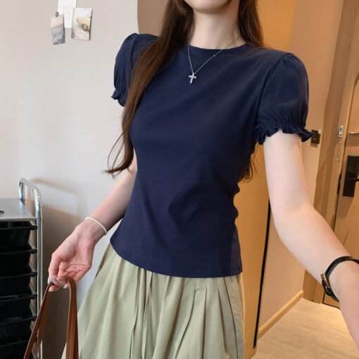 Vapetix S-XL  Stylish Retro Round Neck Straight Shoulder Bubblesleeve T-Shirt for Women - Summer Fitted Slimming - Pilt 8