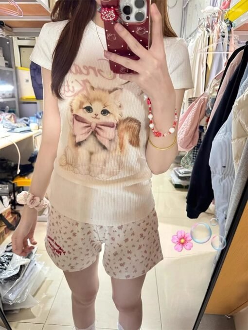 Vapetix S-XL  Butterfly Knot Cat Print Short-Sleeve T-Shirt for Women - Summer 2025 New Arrival Cute Personality – Bild 7