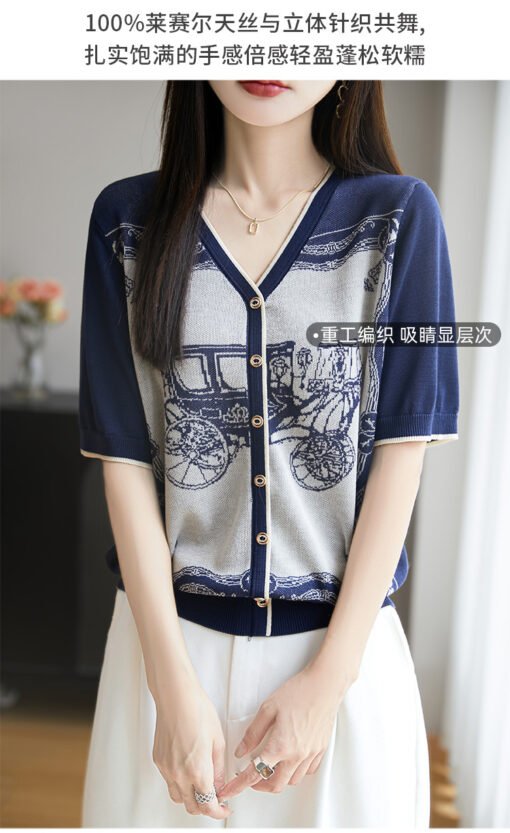 Vapetix M-XL  Vintage Brocade Lyocell Tencel V-Neck Knit Cardigan Short-Sleeve Women's Summer New Arrival Thin Ca - Pilt 3