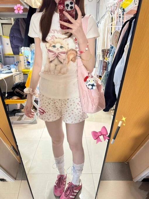 Vapetix S-XL  Butterfly Knot Cat Print Short-Sleeve T-Shirt for Women - Summer 2025 New Arrival Cute Personality – Bild 8
