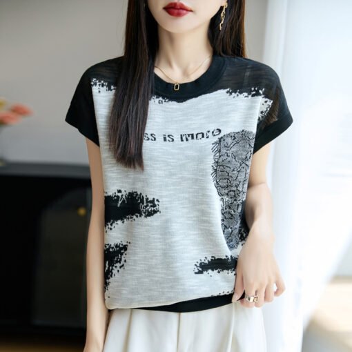 Vapetix M-XXL  Artistic Contrast Color Letter Embroidered Short Sleeve Women's Sleeveless Small Flying Sleeve Summ - Pilt 8