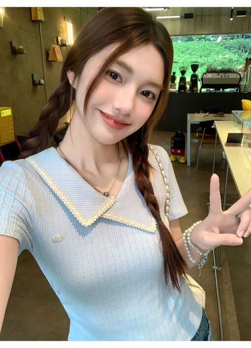 Vapetix S-XL  Irregular Collar Short-Sleeve Women's Summer 2025 New Design Fitted Waist Slimming Straight Shoulde - Pilt 3