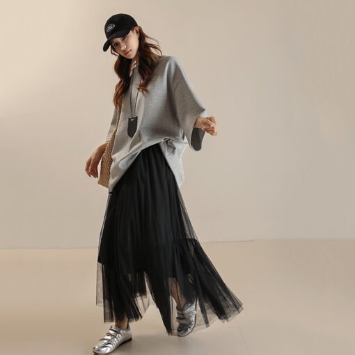 Vapetix M-L  Spring and summer women's Jiangnan mesh stitching elastic waist skirt irregular mid-length mesh ski - 图片 6