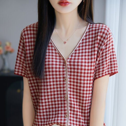 Vapetix M-XL  Korean-style Lyocell Tencel Knitted Short-Sleeve Summer New Checkered Fashion Matchable V-Neck Top - Pilt 4