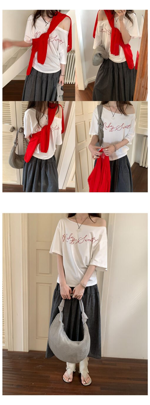 Vapetix S-M  Lazily Off-the-Shoulder Short-Sleeve Women's T-Shirt Summer 2025 New Korean Style Loose and Slimmin - Pilt 8