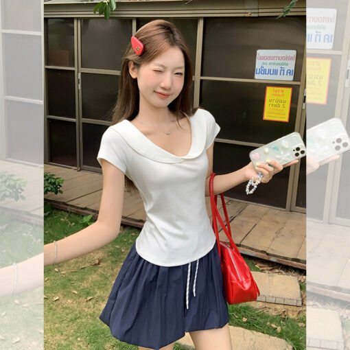 Vapetix S-XL  White Polo Collar Short Sleeve T-Shirt for Women 2025 Summer New Slim Waistband Slimming Top - Pilt 8
