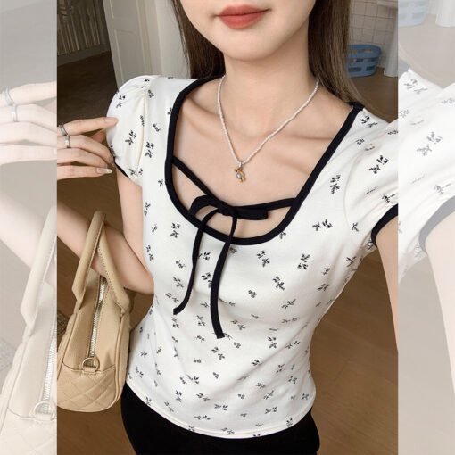 Vapetix S-XL  Pure Desire U-Neck Tie-Dye Floral Short-Sleeve Women's Regular Shoulder T-Shirt Summer New Slimming - 图片 6