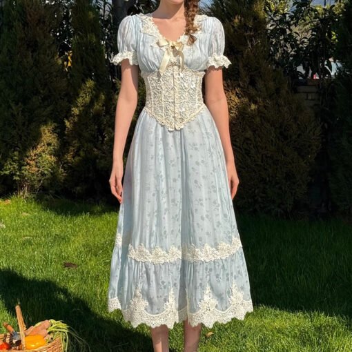 Vapetix XS-XL  LaceMa Summer Style French pastoral fresh blue long short-sleeved lace skirt commuter dress - Obrázek 2