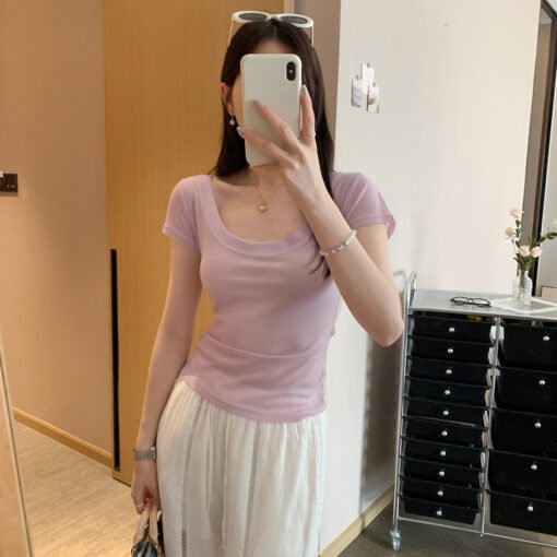 Vapetix S-XL  Thin Pure Desire U-neck Straight Shoulder Short-sleeved T-shirt Women 2025 Summer Solid Color Slimm - Pilt 5