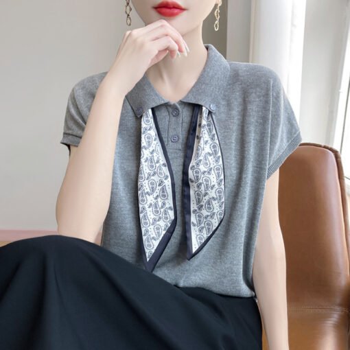 Vapetix M-XL  Women's Fashionable Short-Sleeve Summer Silk Knit Shirt with Collar and Silk Scarf Design, Stylish - Pilt 6