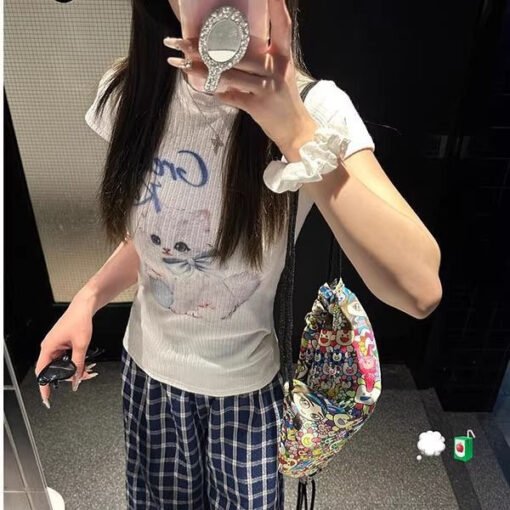 Vapetix S-XL  Butterfly Knot Cat Print Short-Sleeve T-Shirt for Women - Summer 2025 New Arrival Cute Personality – Bild 9
