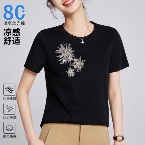 Vapetix M-XXXL  Heavy Industry 2025 Summer New Fashion Embroidered Bead Round Neck Short Sleeve Top Casual Matchabl - Pilt 7