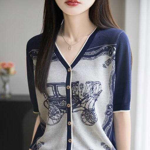 Vapetix M-XL  Vintage Brocade Lyocell Tencel V-Neck Knit Cardigan Short-Sleeve Women's Summer New Arrival Thin Ca - Pilt 4