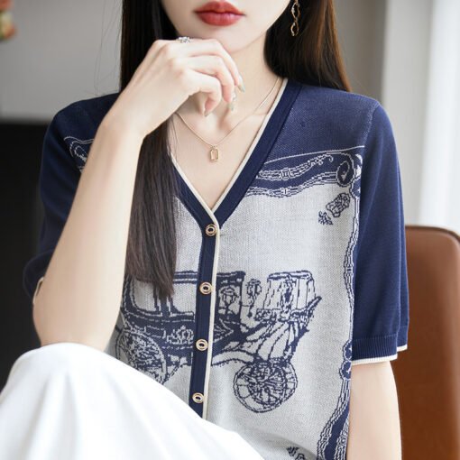 Vapetix M-XL  Vintage Brocade Lyocell Tencel V-Neck Knit Cardigan Short-Sleeve Women's Summer New Arrival Thin Ca - Pilt 5