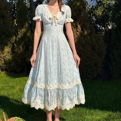 Vapetix XS-XL  LaceMa Summer Style French pastoral fresh blue long short-sleeved lace skirt commuter dress - Obrázek 3