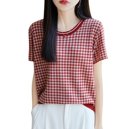 Vapetix M-XL  Korean-style Lyocell Tencel Knitted Short-Sleeve Summer New Checkered Fashion Matchable V-Neck Top - Pilt 7