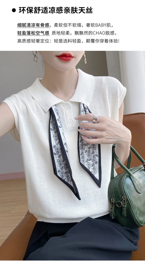 Vapetix M-XL  Women's Fashionable Short-Sleeve Summer Silk Knit Shirt with Collar and Silk Scarf Design, Stylish - Pilt 7