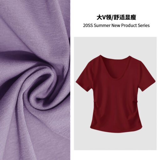 Vapetix M-XXXL  White V-neck Short-sleeve T-shirt for Women - 2025 New Design Fitted Waist with Pleated Texture and - Pilt 7