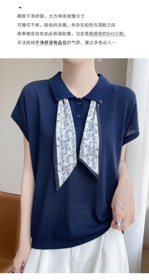 Vapetix M-XL  Women's Fashionable Short-Sleeve Summer Silk Knit Shirt with Collar and Silk Scarf Design, Stylish - Pilt 8
