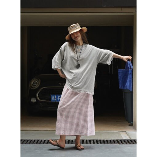 Vapetix Free Size-Free Size  Summer New Louvre Korean Relaxed Design Lace Splicing T-shirt for Women, Soft and Comfortable, Loos - Pilt 7