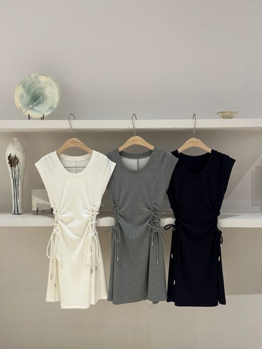 Vapetix S-M  DIGM Minimalist Criss-Cross Belted Waist Short Skirt 2025 Spring U-Neck Drawstring Short-Sleeve Dre - Billede 7