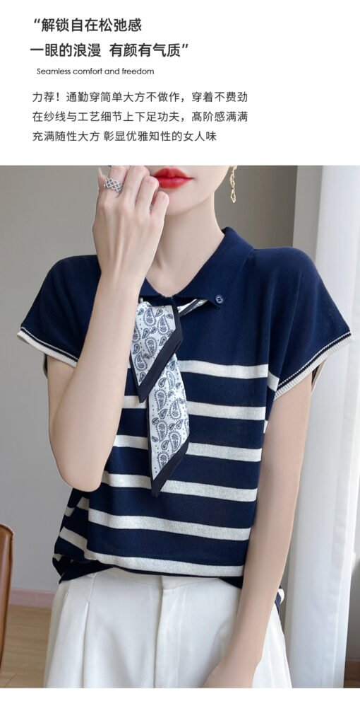 Vapetix M-XL  Women's Fashionable Short-Sleeve Summer Silk Knit Shirt with Collar and Silk Scarf Design, Stylish - Pilt 9
