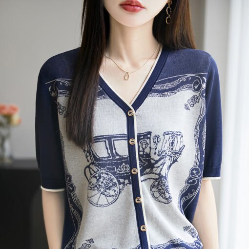 Vapetix M-XL  Vintage Brocade Lyocell Tencel V-Neck Knit Cardigan Short-Sleeve Women's Summer New Arrival Thin Ca - Pilt 6