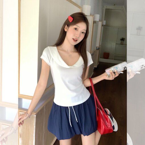 Vapetix S-XL  White Polo Collar Short Sleeve T-Shirt for Women 2025 Summer New Slim Waistband Slimming Top - Pilt 9