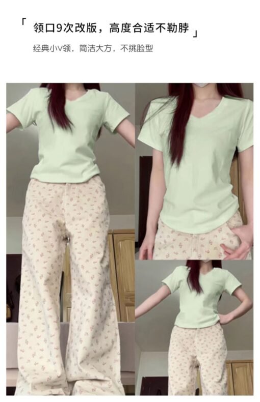 Vapetix S-L  V-neck, straight shoulder, short-sleeved t-shirt for women, summer thin style 2025 new slimming wai - Pilt 6