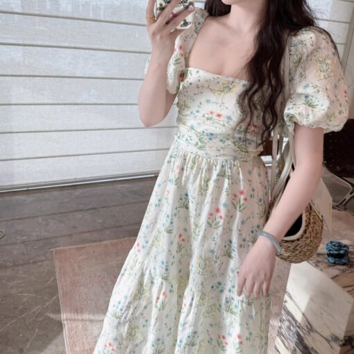 Vapetix S-XL  P.tre "Light Colorful Flowers" Pure linen slim romantic French dress 2025 summer new style - Obrázek 3