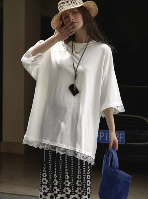 Vapetix Free Size-Free Size  Summer New Louvre Korean Relaxed Design Lace Splicing T-shirt for Women, Soft and Comfortable, Loos - Pilt 8
