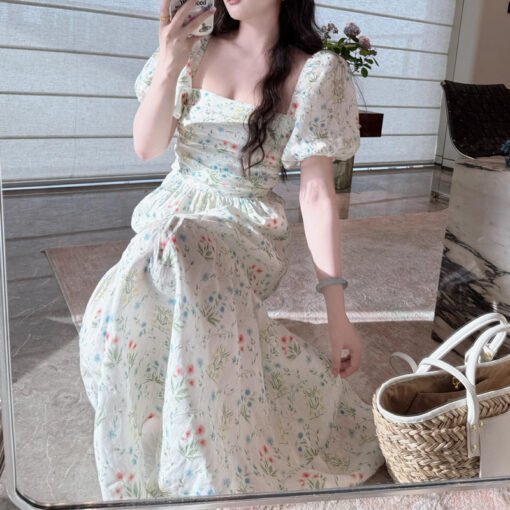 Vapetix S-XL  P.tre "Light Colorful Flowers" Pure linen slim romantic French dress 2025 summer new style - Obrázek 4