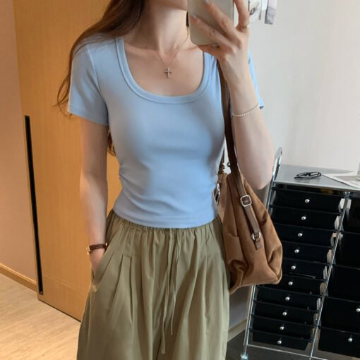 Vapetix S-XL  Basic Style Elegant Square Neckline Straight Shoulder Short Sleeve T-Shirt Women's Summer Ribbed So - Pilt 7