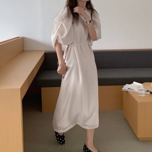 Vapetix Universal code-Universal code  Chic French niche gentle pleated palace puff sleeve solid color loose lace round neck rear slit dre - Obrázek 5