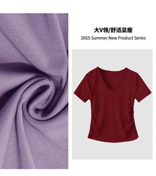 Vapetix M-XXXL  White V-neck Short-sleeve T-shirt for Women - 2025 New Design Fitted Waist with Pleated Texture and - Pilt 8