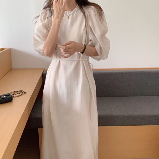 Vapetix Universal code-Universal code  Chic French niche gentle pleated palace puff sleeve solid color loose lace round neck rear slit dre - Obrázek 6
