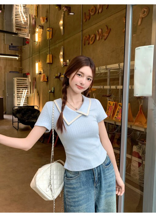 Vapetix S-XL  Irregular Collar Short-Sleeve Women's Summer 2025 New Design Fitted Waist Slimming Straight Shoulde - Pilt 5