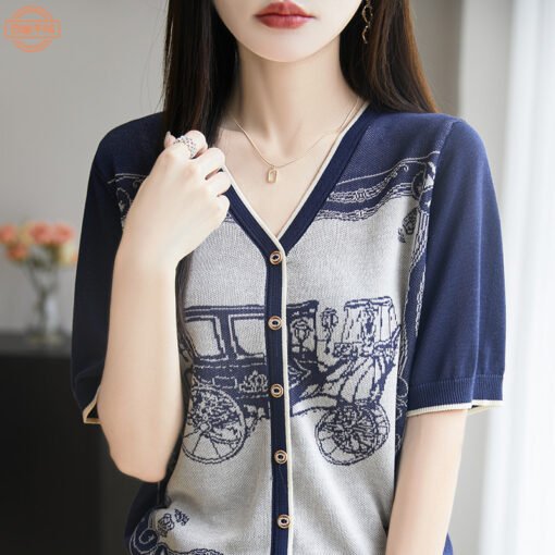 Vapetix M-XL  Vintage Brocade Lyocell Tencel V-Neck Knit Cardigan Short-Sleeve Women's Summer New Arrival Thin Ca - Pilt 8