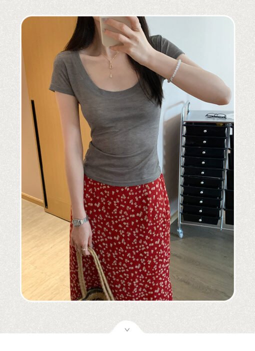 Vapetix S-XL  Thin Pure Desire U-neck Straight Shoulder Short-sleeved T-shirt Women 2025 Summer Solid Color Slimm - Pilt 7