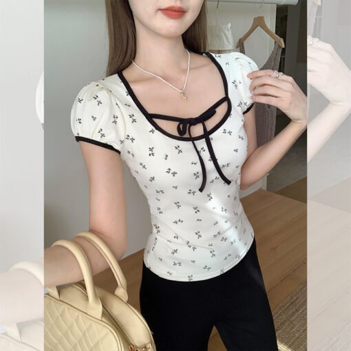 Vapetix S-XL  Pure Desire U-Neck Tie-Dye Floral Short-Sleeve Women's Regular Shoulder T-Shirt Summer New Slimming - 图片 8