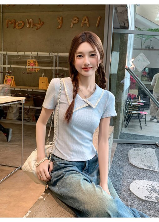Vapetix S-XL  Irregular Collar Short-Sleeve Women's Summer 2025 New Design Fitted Waist Slimming Straight Shoulde - Pilt 6