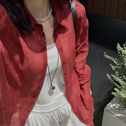Vapetix S-L  Palm cinnabar mole ultra-fine ramie retro transparent summer limited elegant thin shirt - Obrázek 6