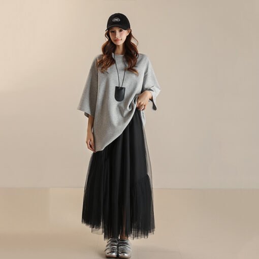 Vapetix M-L  Spring and summer women's Jiangnan mesh stitching elastic waist skirt irregular mid-length mesh ski - 图片 9